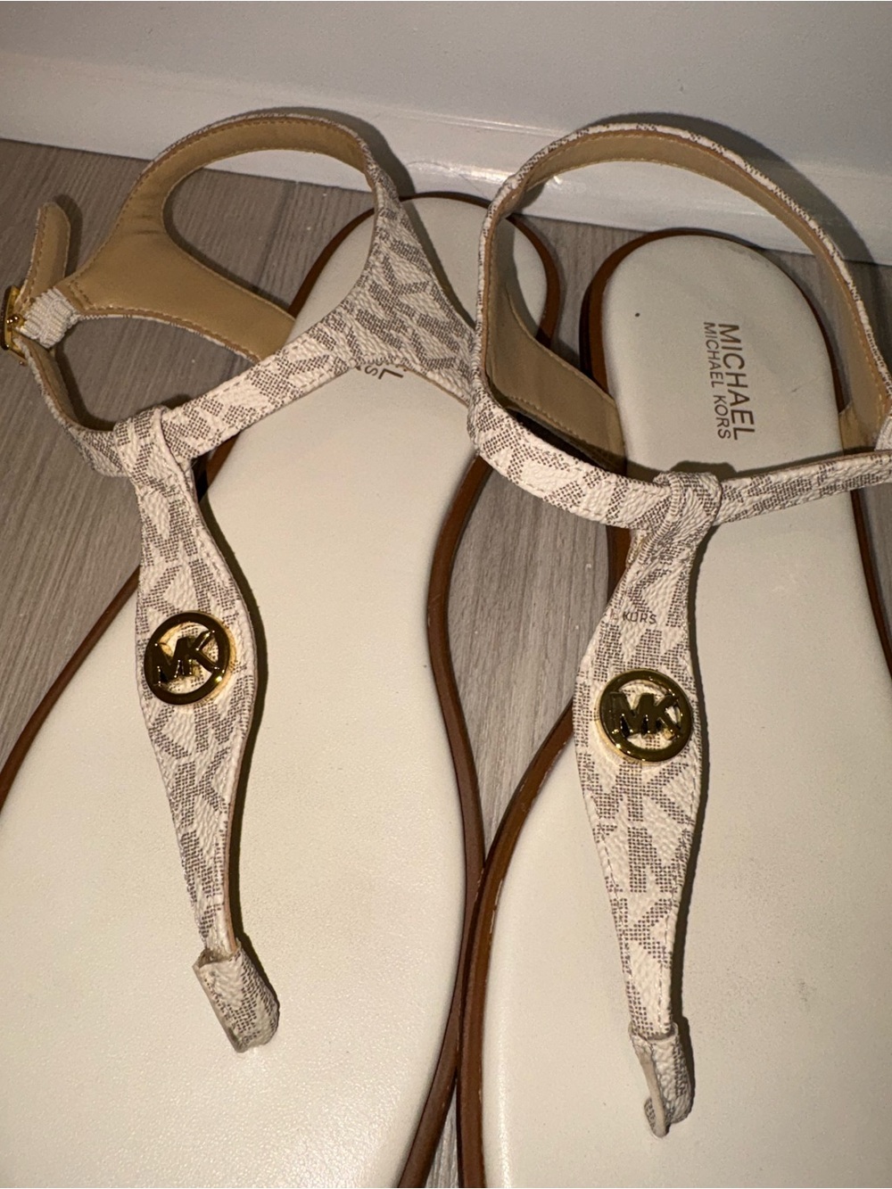 MICHAEL Michael Kors Beige Logo T-Strap Sandals with Gold MK Medallion - Picture 2 of 3